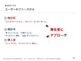 ©2014 Volare Inc. All Rights Reserved. 　 Tel ： 03-6409-6766 　お問い合わせ： http://ml.seohacks.net/semnarpdf
① 検討前
「メンズファッション」「ガーリー コーディネート」
② 検討中
「春 コート メンズ」「卒業式 ドレス」
「モッズコート 通販」「 dazzlin ダッフルコート」
③ 購入後
「コート 手入れ」「デニムジャケット 着回し」
ユーザーのフェーズから
優先度をつける
80
潜在客に
アプローチ
 