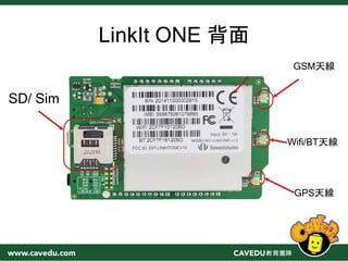 LinkIt ONE 背面
SD/ Sim
GSM天線
Wifi/BT天線
GPS天線
 