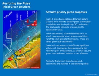 In 2013, Strand Associates and Human Nature
(Strand) were hired to identify green stormwater
possibilities within six priority CSO catchments.
The goal was to eliminate or downsize the
equalization tanks.
In five catchments, Strand identified areas in
which new separate storm sewers could direct
runoff to small bio-retention basins. These are
called ‘green sub-catchments’.
Green sub-catchments can infiltrate significant
volumes of stormwater thereby reducing the
need for ‘gray’ infrastructure. As we shall see, the
green sub-catchment solution is cost effective.
Particular features of Strand’s green sub-
catchments are outlined in the following slides
LillyCreek
BabbittRun
Creek5
BurkRun
20 07
1206
09
08
11
22
Strand’s priority green proposals
City of Euclid
boundary
Google Earth aerial viewer
© 2015 Bluestone Heights
Initial Green Solutions
Restoring the Pulse
Salt
Run
Euclid storm sewers
 