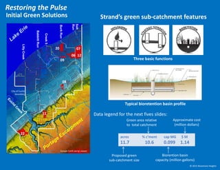 Data legend for the next fives slides:
Typical bioretention basin profile
LillyCreek
BabbittRun
Creek5
BurkRun
20 07
1206
09
08
11
22 acres % c’ment cap MG $ M
11.7 10.6 0.099 1.14
Strand’s green sub-catchment features
Proposed green
sub-catchment size
Green area relative
to total catchment
Biorention basin
capacity (million gallons)
Approximate cost
(million dollars)
Three basic functions
City of Euclid
boundary
Google Earth aerial viewer
© 2015 Bluestone Heights
Initial Green Solutions
Restoring the Pulse
Salt
Run
Euclid storm sewers
 