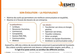 nextformation 55 avenue Hoche 75008 Paris 4 Rue Auber 75009 Paris 9 avenue de Paris 94300 Vincennes Tel : 01 42 03 77 00
• Maitrise des outils qui permettent une meilleure communication et traçabilité,
• Réactive et à l’écoute des besoins de son entreprise.
Aujourd’hui, 60% des critères de recrutements concernent la personnalité de l’assistante.
Des critères autrefois optionnels sont devenus indispensables (anglais, pack office, …).
Il s’agit d’un poste central, au carrefour des différents services.
SON ÉVOLUTION – LA POLYVALENCE
La polyvalence :
• Juridique,
• Ressources Humaines,
• Commercial,
• Comptabilité,
• Gestion PME-PMI,
• Communication,
• Médical.
Les atouts :
• Transformer son stress en énergie
positive,
• Optimiser son temps,
• Travailler à distance,
• Gérer un projet,
• Animer une équipe d’assistantes,
• Améliorer sa communication orale.
 