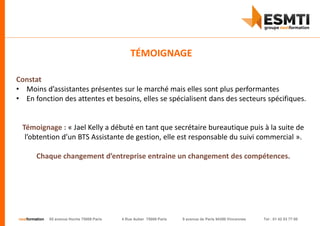 nextformation 55 avenue Hoche 75008 Paris 4 Rue Auber 75009 Paris 9 avenue de Paris 94300 Vincennes Tel : 01 42 03 77 00
Constat
• Moins d’assistantes présentes sur le marché mais elles sont plus performantes
• En fonction des attentes et besoins, elles se spécialisent dans des secteurs spécifiques.
Témoignage : « Jael Kelly a débuté en tant que secrétaire bureautique puis à la suite de
l’obtention d’un BTS Assistante de gestion, elle est responsable du suivi commercial ».
Chaque changement d’entreprise entraine un changement des compétences.
TÉMOIGNAGE
 