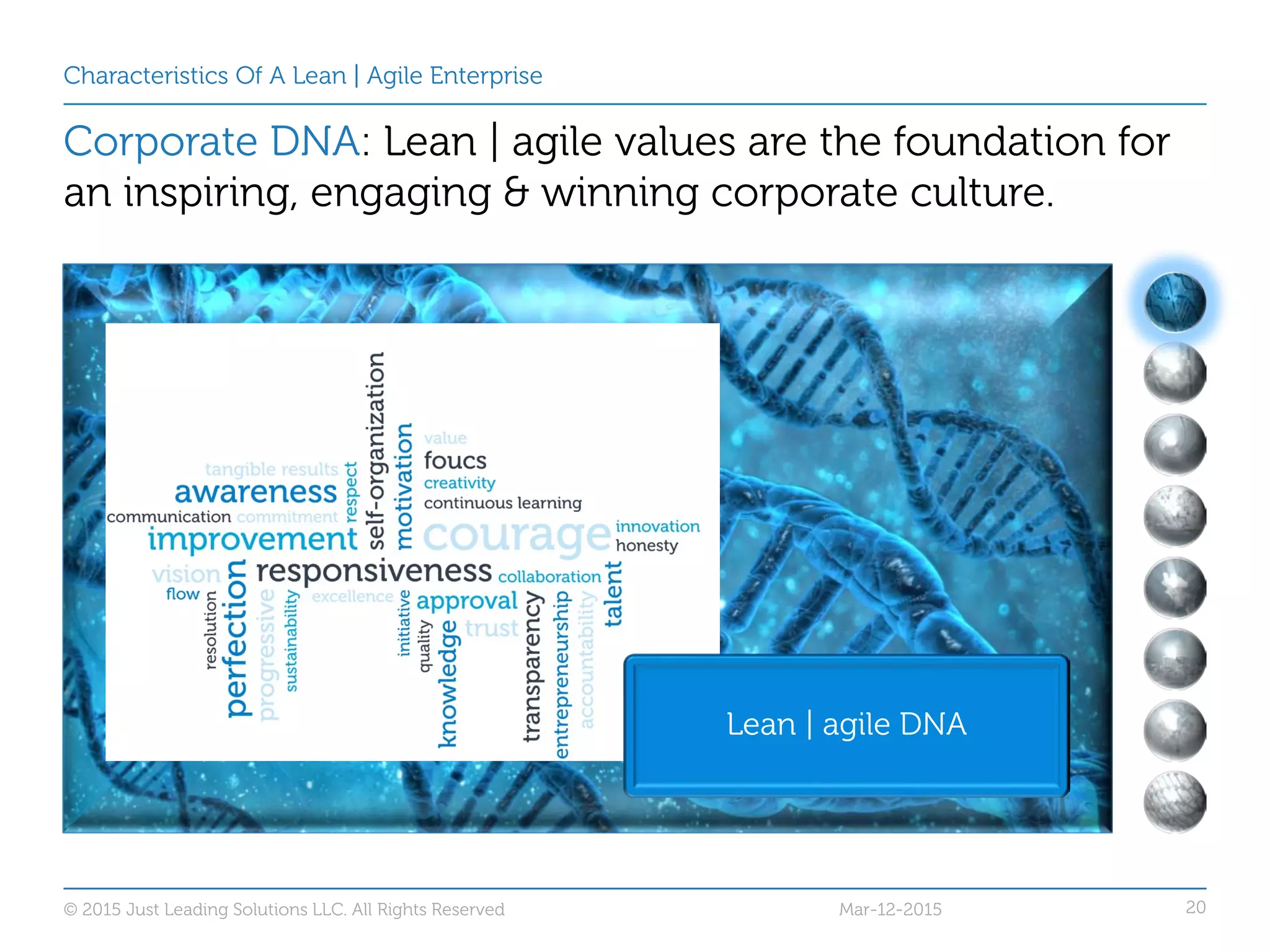 20
Characteristics Of A Lean | Agile Enterprise
Corporate DNA: Lean | agile values are the foundation for
an inspiring, engaging & winning corporate culture.
Lean | agile DNA
Mar-12-2015© 2015 Just Leading Solutions LLC. All Rights Reserved
 