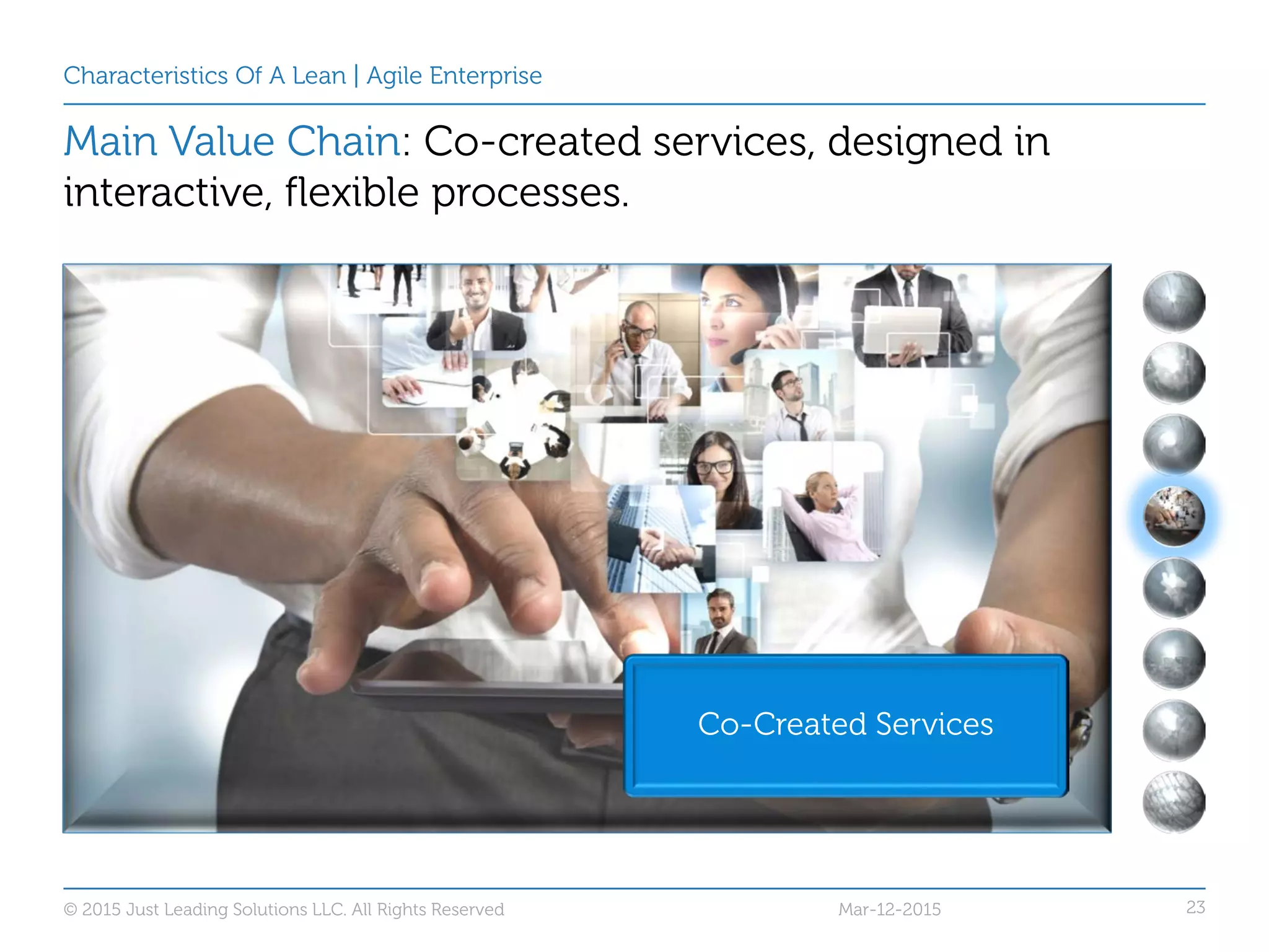 23
Characteristics Of A Lean | Agile Enterprise
Main Value Chain: Co-created services, designed in
interactive, flexible processes.
Co-Created Services
Mar-12-2015© 2015 Just Leading Solutions LLC. All Rights Reserved
 