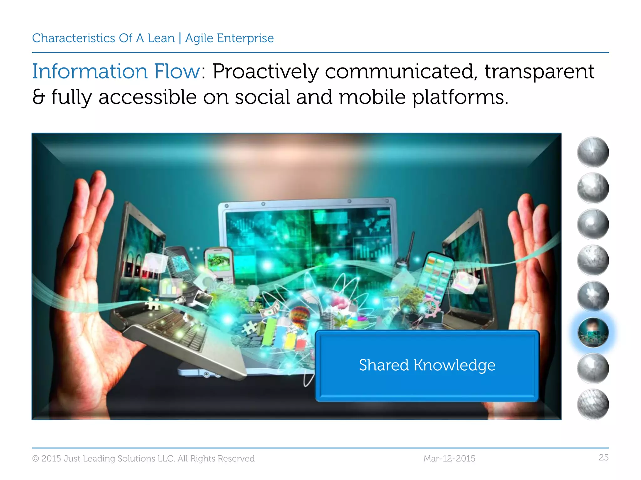 25
Characteristics Of A Lean | Agile Enterprise
Information Flow: Proactively communicated, transparent
& fully accessible on social and mobile platforms.
Shared Knowledge
Mar-12-2015© 2015 Just Leading Solutions LLC. All Rights Reserved
 