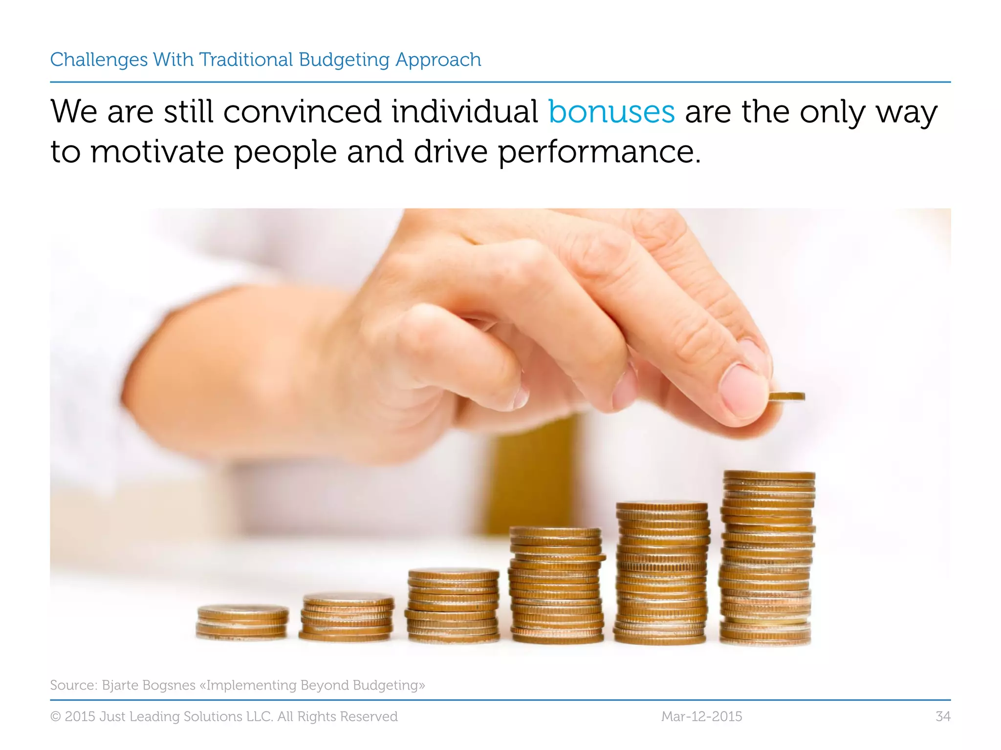 Challenges With Traditional Budgeting Approach
We are still convinced individual bonuses are the only way
to motivate people and drive performance.
Mar-12-2015© 2015 Just Leading Solutions LLC. All Rights Reserved 34
Source: Bjarte Bogsnes «Implementing Beyond Budgeting»
 