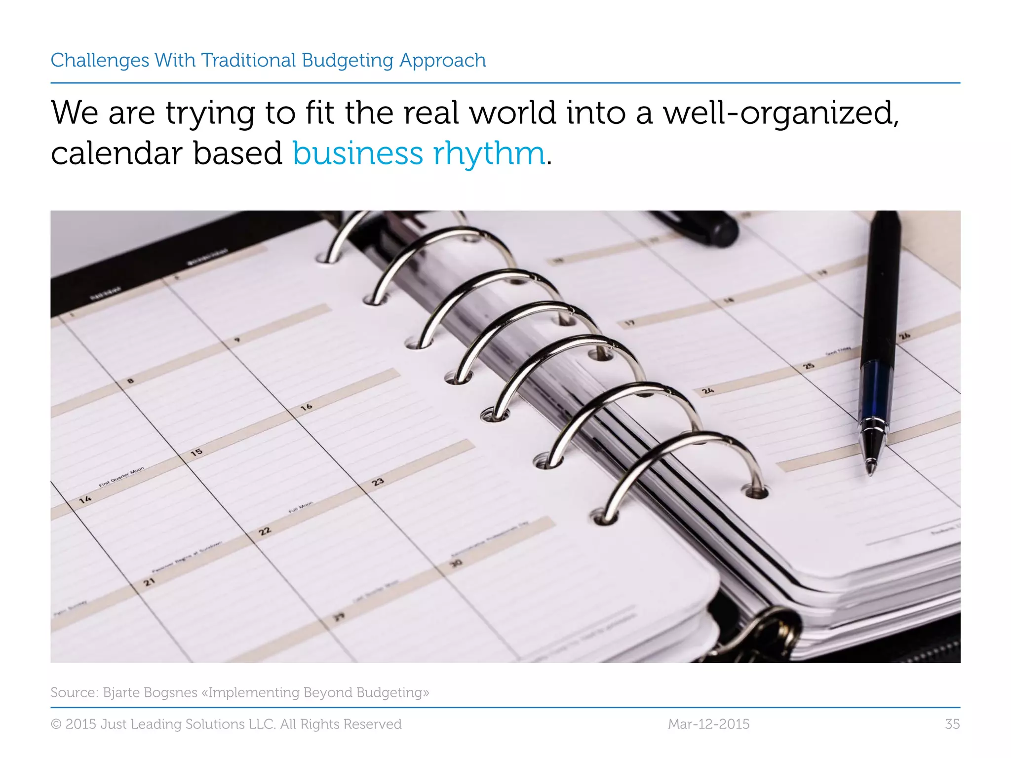 Challenges With Traditional Budgeting Approach
We are trying to fit the real world into a well-organized,
calendar based business rhythm.
Mar-12-2015© 2015 Just Leading Solutions LLC. All Rights Reserved 35
Source: Bjarte Bogsnes «Implementing Beyond Budgeting»
 