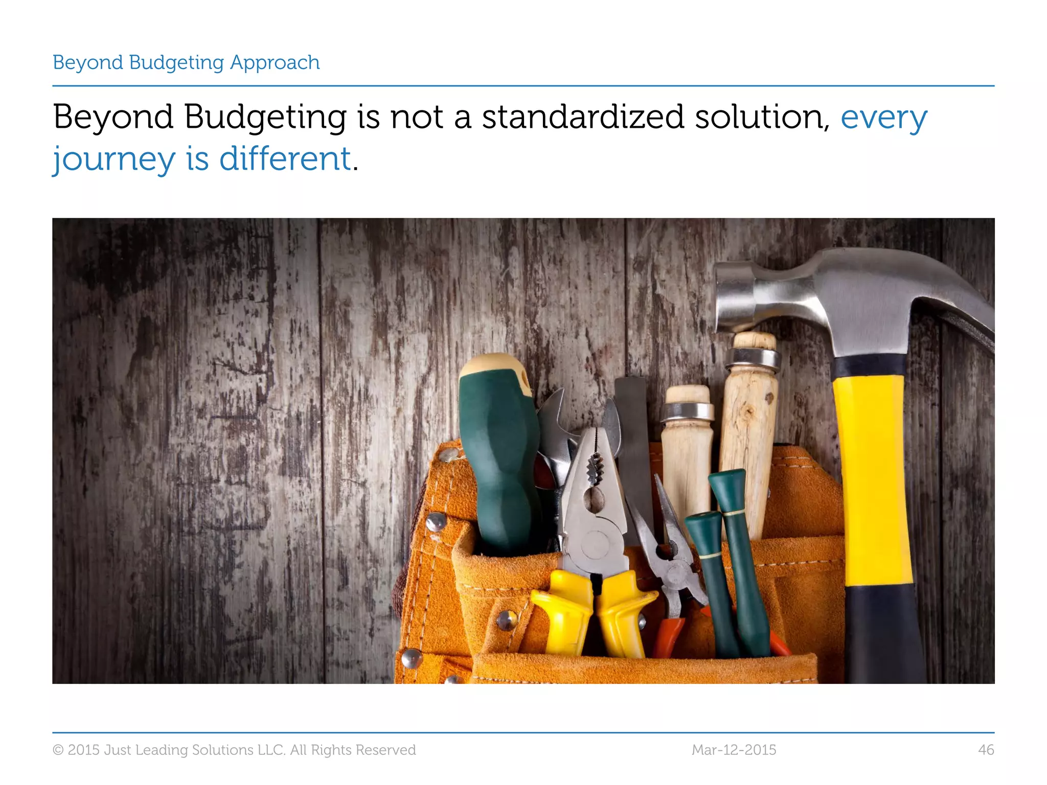 Beyond Budgeting Approach
Beyond Budgeting is not a standardized solution, every
journey is different.
Mar-12-2015© 2015 Just Leading Solutions LLC. All Rights Reserved 46
 
