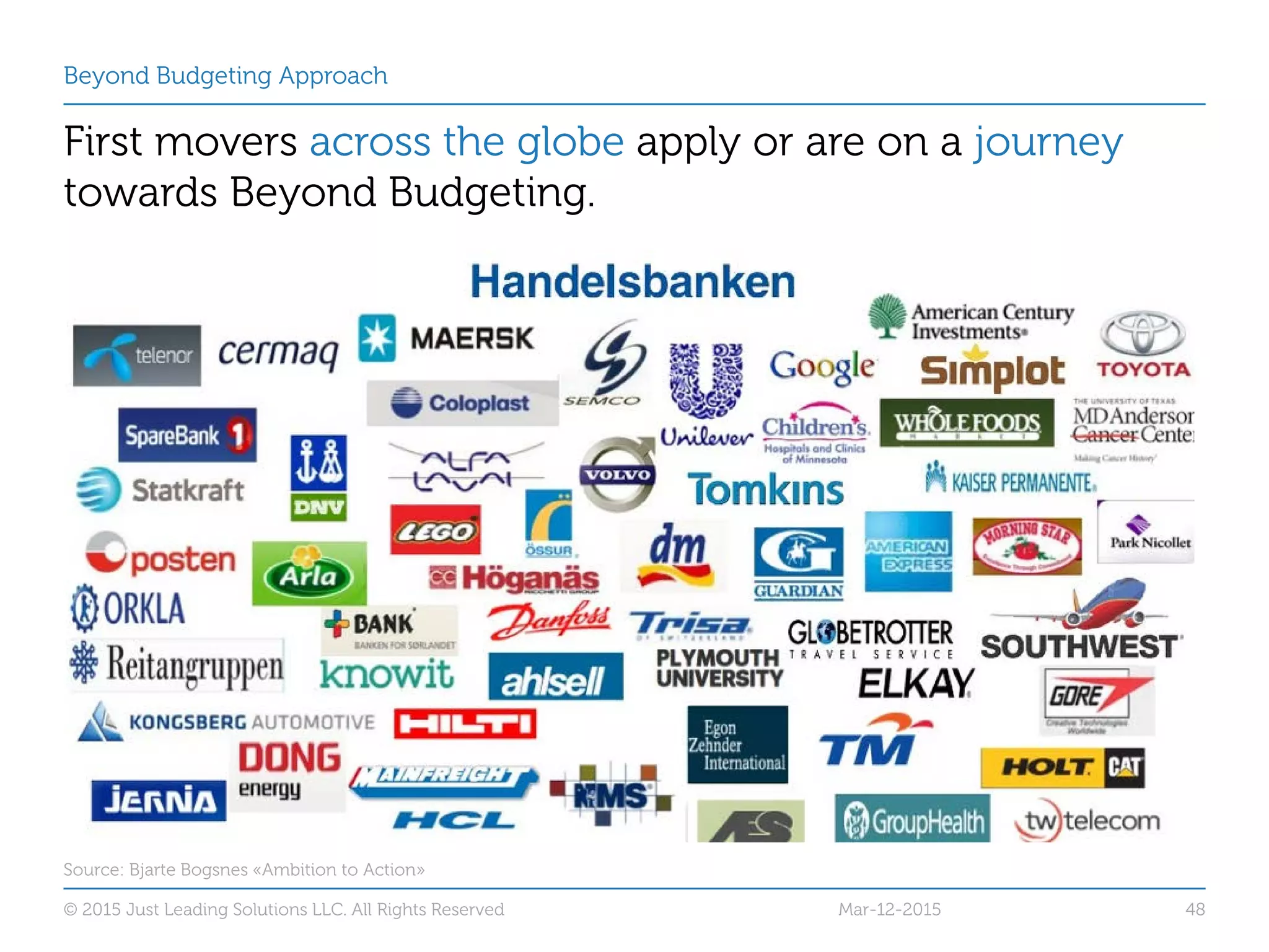 Beyond Budgeting Approach
First movers across the globe apply or are on a journey
towards Beyond Budgeting.
Source: Bjarte Bogsnes «Ambition to Action»
© 2015 Just Leading Solutions LLC. All Rights Reserved 48Mar-12-2015
 