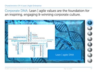 20
Characteristics Of A Lean | Agile Enterprise
Corporate DNA: Lean | agile values are the foundation for
an inspiring, en...