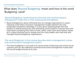 Beyond Budgeting Approach
What does ’Beyond Budgeting’ mean and how is the word
‘Budgeting’ used?
Source: Beyond Budgeting...