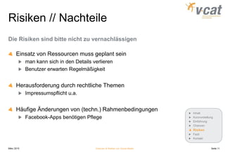 Risiken // Nachteile
Die Risiken sind bitte nicht zu vernachlässigen
Einsatz von Ressourcen muss geplant sein
man kann sich in den Details verlieren
Benutzer erwarten Regelmäßigkeit
Herausforderung durch rechtliche Themen
Impressumspflicht u.a.
Häufige Änderungen von (techn.) Rahmenbedingungen
Facebook-Apps benötigen Pflege
März 2015 Chancen & Risiken von Social Media
Inhalt
Kurzvorstellung
Einführung
Chancen
Risiken
Fazit
Kontakt
Seite 11
 