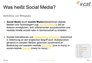 Was heißt Social Media?
Definition von Wikipedia
Social Media (auch soziale Medien)bezeichnen digitale
Medien und Technologien (vgl. Social Software), die es
Nutzern ermöglichen, sich untereinander auszutauschen und
mediale Inhalte einzeln oder in Gemeinschaft zu erstellen.
Soziale Interaktionen und kollaboratives Schreiben (manchmal
in Anlehnung an den englischen Begriff auch ‚Kollaboration‘
genannt) in sozialen Medien gewinnen zunehmend an
Bedeutung und wandeln mediale Monologe (one to many) in
sozial-mediale Dialoge (many to many).[2]
März 2015 Chancen & Risiken von Social Media
Inhalt
Kurzvorstellung
Einführung
Chancen
Risiken
Fazit
Kontakt
Seite 5
 
