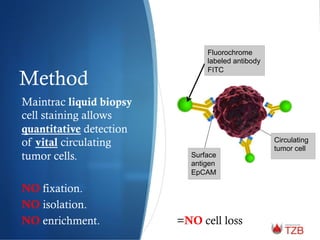 Method
Maintrac liquid biopsy
cell staining allows
quantitative detection
of vital circulating
tumor cells.
NO fixation.
NO isolation.
NO enrichment.
Fluorochrome
labeled antibody
FITC
Circulating
tumor cell
Surface
antigen
EpCAM
=NO cell loss
 