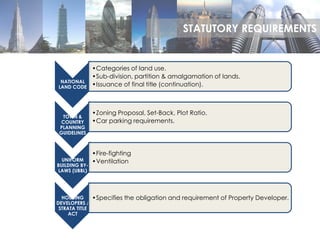 NATIONAL
LAND CODE
•Categories of land use.
•Sub-division, partition & amalgamation of lands.
•Issuance of final title (continuation).
TOWN &
COUNTRY
PLANNING
GUIDELINES
•Zoning Proposal, Set-Back, Plot Ratio.
•Car parking requirements.
UNIFORM
BUILDING BY-
LAWS (UBBL)
•Fire-fighting
•Ventilation
HOUSING
DEVELOPERS /
STRATA TITLE
ACT
•Specifies the obligation and requirement of Property Developer.
STATUTORY REQUIREMENTS
 