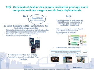 Institut français des sciences et technologies des transports, de l’aménagement et des réseaux
www.ifsttar.fr
1B5 : Concevoir et évaluer des actions innovantes pour agir sur le
comportement des usagers lors de leurs déplacements
2013 2014
Le comité des experts du CNSR a produit le tome 1 de
la stratégie gouvernementale
• Réduire la vitesse maximal autorisée sur les bidirectionnelles
• Réduire la fréquence des alcoolémies non réglementaires
• Réduire les risques liés aux obstacles latéraux
• Renforcer le management de la SR
Développement et test d’un prototype
d’application smartphone d’aide à l’éco-
conduite
Objectif CNSR
2000 morts en 2020 Développement et évaluation de
programmes d’entrainement à
destination des seniors
• Entrainement cognitif pour améliorer la
perception de ses capacités et
l’autorégulation en conduite
• Entrainement à la traversée de rue
 
