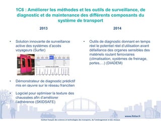 Institut français des sciences et technologies des transports, de l’aménagement et des réseaux
www.ifsttar.fr
1C6 : Améliorer les méthodes et les outils de surveillance, de
diagnostic et de maintenance des différents composants du
système de transport
2013 2014
• Solution innovante de surveillance
active des systèmes d’accès
voyageurs (Surfer)
• Démonstrateur de diagnostic prédictif
mis en œuvre sur le réseau francilien
• Logiciel pour optimiser la texture des
chaussées afin d’améliorer
l’adhérence (SKIDSAFE)
• Outils de diagnostic donnant en temps
réel le potentiel réel d’utilisation avant
défaillance des organes sensibles des
matériels roulant ferroviaires
(climatisation, systèmes de freinage,
portes,…) (DIADEM)
 