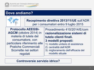 Dove andiamo?
4
Protocollo AEEGSI-
AGCM (ottobre 2014) in
materia di tutela del
consumatore, con
particolare riferimento alle
Pratiche Commerciali
Scorrette nei settori
regolati
Procedimento 410/2014/E/com
razionalizzazione sistemi di
tutela clienti finali.
3 modelli proposti:
1) modello unitario di assistenza
2) centralità dell’ADR
3) miglioramento dell’efficacia del
modello attuale
Recepimento direttiva 2013/11/UE sull’ADR
per i consumatori entro 9 luglio 2015
Controversie servizio idrico?
 