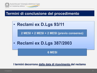 • Reclami ex D.Lgs 93/11
• Reclami ex D.Lgs 387/2003
I termini decorrono dalla data di ricevimento del reclamo
17/3/2015 6
Termini di conclusione del procedimento
2 MESI + 2 MESI + 2 MESI (previo consenso)
6 MESI
 