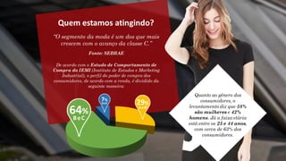 Quem estamos atingindo?
“O segmento da moda é um dos que mais
crescem com o avanço da classe C.”
Fonte: SEBRAE
De acordo com o Estudo de Comportamento de
Compra do IEMI (Instituto de Estudos e Marketing
Industrial), o perfil do poder de compra dos
consumidores, de acordo com a renda, é dividido da
seguinte maneira:
Quanto ao gênero dos
consumidores, o
levantamento diz que 58%
são mulheres e 42%
homens. Já a faixa etária
está entre os 25 e 44 anos,
com cerca de 63% dos
consumidores.
 