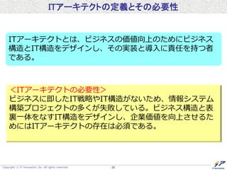 Copyright  IT innovation, Inc. All rights reserved. 28
ITアーキテクトの定義とその必要性
ITアーキテクトとは、ビジネスの価値向上のためにビジネス
構造とIT構造をデザインし、その実装と導入に責任を持つ者
である。
＜ITアーキテクトの必要性＞
ビジネスに即したIT戦略やIT構造がないため、情報システム
構築プロジェクトの多くが失敗している。ビジネス構造と表
裏一体をなすIT構造をデザインし、企業価値を向上させるた
めにはITアーキテクトの存在は必須である。
 