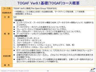 Copyright  IT innovation, Inc. All rights reserved. 58
TOGAF Ver9.1基礎(TOGAF)コース概要
コース名 TOGAF Ver9.1基礎(The Open Group TOGAF®9)
受講者条件
・中堅層以上（３０歳以上目安）の企画担当者、マーケティング担当者、ＩＴ技術者
・実務経験１０年以上
日 数 5日
概 要
【主な狙い】
 エンタープライズ・アーキテクチャ構築でADM（アーキテクチャ開発メソッド）を適用する
ことを学ぶ。
 アーキテクチャ・ガバナンスを適用することについて学ぶ。
 フレームワークとしてTOGAFを適用することについて学ぶ。
 ステークホルダー・マネジメント・テクニックを適用することについて学ぶ。
 アーキテクチャ・リポジトリの目的の理解と適用について学ぶ。
【主な学習内容】
1. TOGAF9.1コンポーネント
2. アーキテクチャ・ガバナンス
3. ステークホルダー・マネジメント
4. ADM適用ガイドライン（イタレーション、セキュリティ、SOA、等）
5. アーキテクチャ・スキル・フレームワーク
到達目標
 ITアーキテクトの要件である「スキル」と「プロセスとツール」の体系であるフレームワー
クの相互補完的な関係が理解する。
 企業内の内部プロセスにフォーカスし、どのようにすればビジネスとITの整合性を実現でき
るを理解でする。
 企業がITアーキテクチャのオープンな標準化の主導権を握り、主要ベンダー固有の方法によ
るロックイン状態を防ぐためのヒントが理解する。
備 考
 