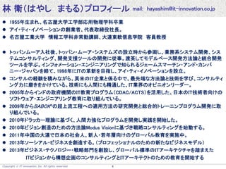 Copyright  IT innovation, Inc. All rights reserved. 6
林 衛（はやし まもる）プロフィール mail: hayashim@it-innovation.co.jp
 1955年生まれ、名古屋大学工学部応用物理学科卒業
 アイ・ティ・イノベーションの創業者、代表取締役社長。
 名古屋工業大学 情報工学科非常勤講師、大連東軟信息学院 客員教授
 トッパンムーア入社後、トッパン・ムーア・システムズの設立時から参画し、業務系システム開発、シス
テムコンサルティング、開発支援ツールの開発に従事。渡英してモデルベース開発方法論と統合開発
ツールを学ぶ。インフォメーション・エンジニアリングで知られるジェームスマーチン・アンド・カンパ
ニー・ジャパンを経て、1998年にITの革新を目指し、アイ・ティ・イノベーションを設立。
 コンサルの経験を積みながら、英米のIT企業と係る中で、最先端な方法論と技術を学び、コンサルティ
ング力に磨きをかけている。技術にも人間にも精通した、IT業界のオピニオンリーダー。
 2005年からインドの政府機関のIT教育プログラム（CDAC/ACTS）を活用した、日本のIT技術者向けの
ソフトウェア・エンジニアリング教育に取り組んでいる。
 2009年からBABOK®の超上流工程への適用方法の研究開発と総合的トレーニンプログラム開発に取
り組んでいる。
 2010年ドラッカー理論に基づく、人間力強化プログラムを開発し実践を開始した。
 2010年ビジョン創造のための方法論Modus Visionに基づき戦略コンサルティングを始動する。
 2011年中国の大連で日本の社会人、新人・若年層向けのグローバル教育を実施中。
 2013年ソーシアル・ビジネスを創造する。（プロフェッショナルのための新たなビジネスモデル）
 2013年ビジネス・テクノロジー・戦略部門を創設し、グローバル標準のITアーキテクチャを踏まえた
ITビジョンから構想企画のコンサルティングとITアーキテクトのための教育を開始する
 