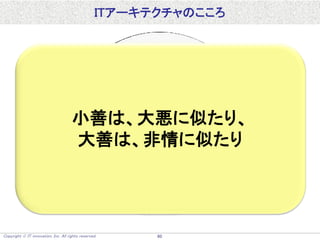 Copyright  IT innovation, Inc. All rights reserved. 60
ITアーキテクチャのこころ
小善は、大悪に似たり、
大善は、非情に似たり
 