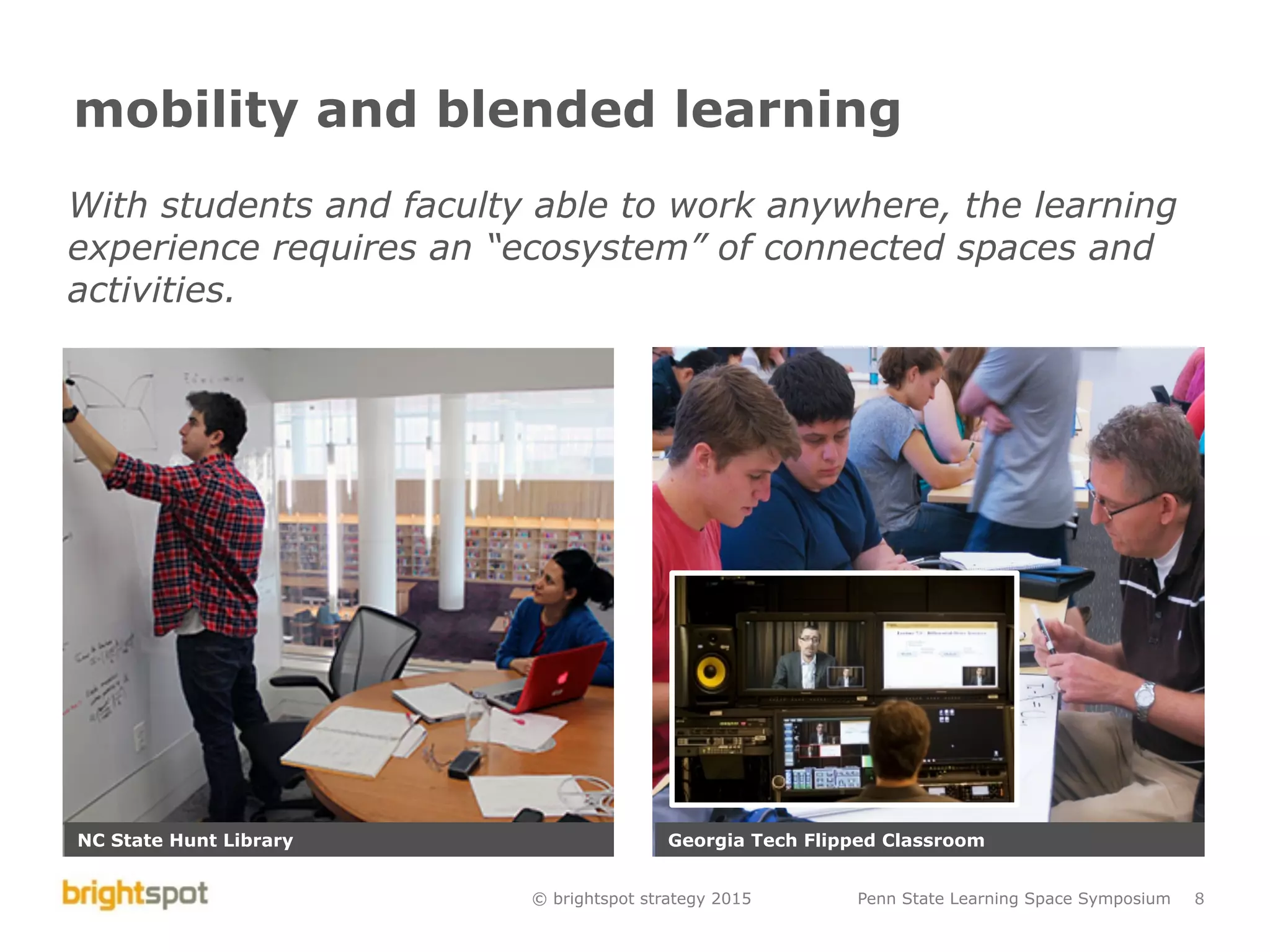© brightspot strategy 2015 Penn State Learning Space Symposium 8
mobility and blended learning
With students and faculty able to work anywhere, the learning
experience requires an “ecosystem” of connected spaces and
activities.
NC State Hunt Library Georgia Tech Flipped Classroom
 