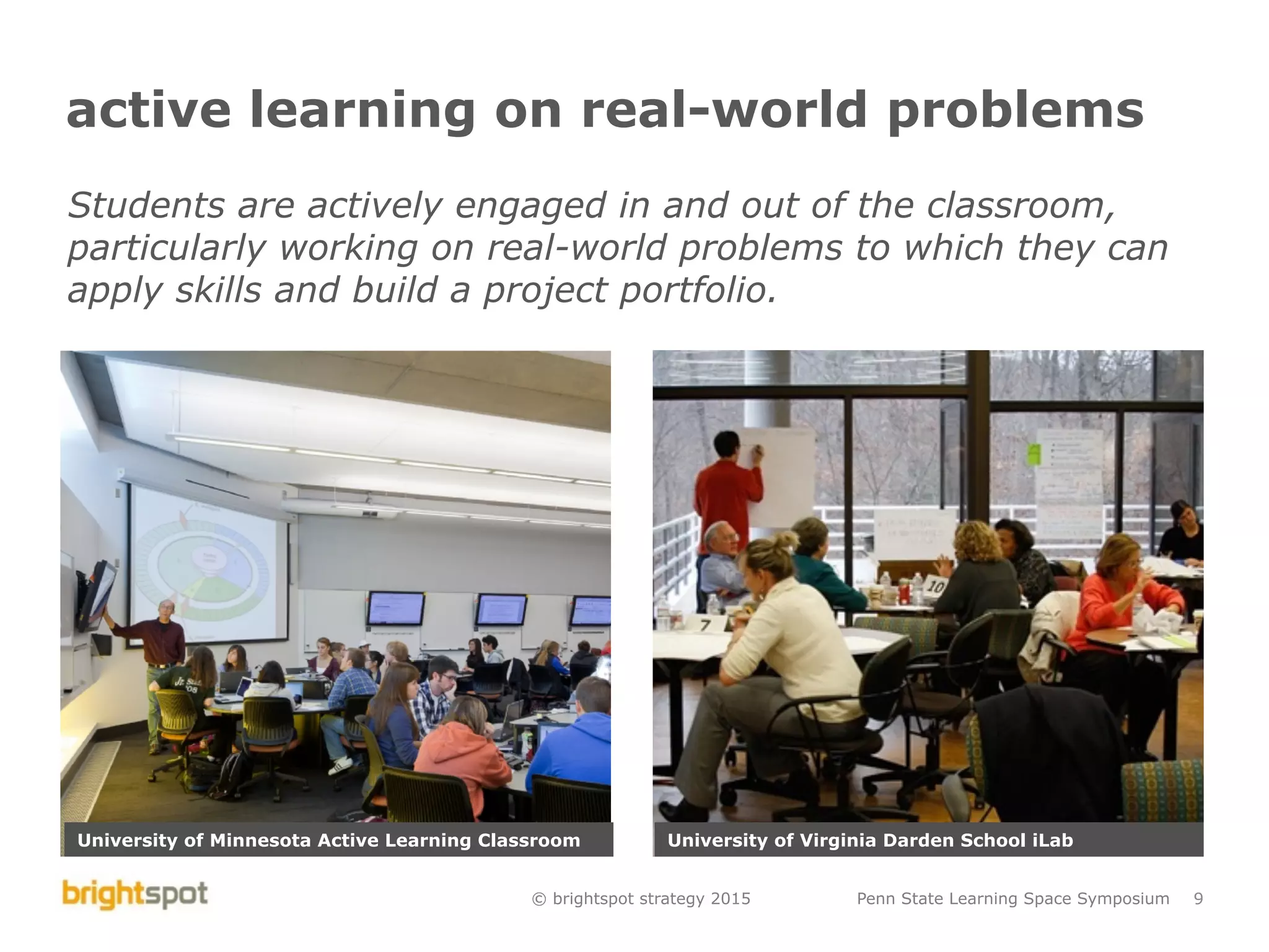© brightspot strategy 2015 Penn State Learning Space Symposium 9
active learning on real-world problems
Students are actively engaged in and out of the classroom,
particularly working on real-world problems to which they can
apply skills and build a project portfolio.
University of Minnesota Active Learning Classroom University of Virginia Darden School iLab
 