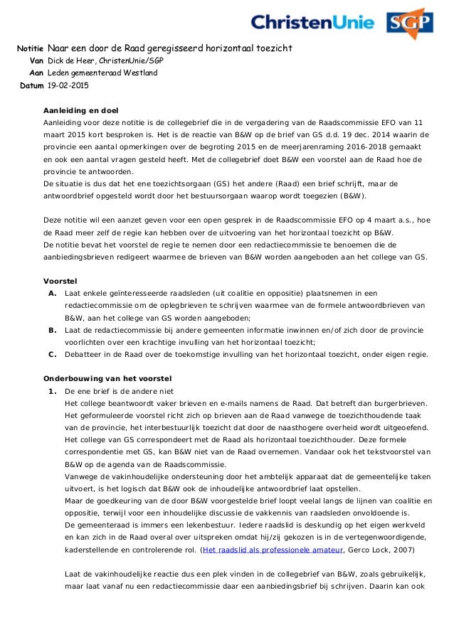 Notitie naar een door de raad geregisseerd horizontaal toezicht, Dick…