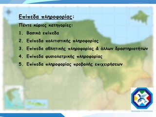 Γπίπεδα πληροθορίας:
Πέμηε κύριες καηηγορίες:
1. Βαζικά επίπεδα
2. Γπίπεδα πολιηιζηικής πληροθορίας
3. Γπίπεδα αθληηικής πληροθορίας & άλλωμ δραζηηριοηήηωμ
4. Γπίπεδα θσζιολαηρικής πληροθορίας
5. Γπίπεδα πληροθορίας προβολής επιτειρήζεωμ
 