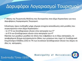 Γοπςυόποι Λογαπιασμοί Τοςπισμού

  Γ’ Φάςθσ τθσ Τουριςτικισ Μελζτθσ που διενεργείται ςτον Διμο Χερςονιςου για τουσ
  Δορυφόρουσ Λογαριαςμοφσ Τουριςμοφ.

  Ειδικότερα, ζχουν ςυλλεχκεί μζχρι ςιμερα ςτοιχεία κατανάλωςθσ από μονάδεσ που
  ςυγκεντρώνουν ςτον Διμο Χερςονιςου :
  - το 17 % των ξενοδοχειακών κλινών ςτθν κατθγορία των 5*
  - το 9 % των ξενοδοχειακών κλινών ςτθν κατθγορία των 4*
  Εξαιτίασ των μεγάλων μεγεκών ςε κλίνεσ που εκφράηουν οι εν λόγω κατθγορίεσ, το
  αναφερόμενο δείγμα αντιπροςωπεφει βάςει των μθτρώων που τθρεί το Ξενοδοχειακό
  Επιμελθτιριο Ελλάδοσ (ΞΕΕ) το 7% των ςυνολικών ξενοδοχειακών κλινών του Διμου ςε
  όλεσ τισ κατθγορίεσ.




Σςνέντεςξη Τύπος 15/03
 