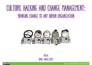 More at http://Slideshare.net/proyectalis
AGILIA
BRNO, MARCH 2015
CULTURE HACKING AND CHANGE MANAGEMENT:
BRINGING CHANGE TO ANY HUMAN ORGANIZATION
 