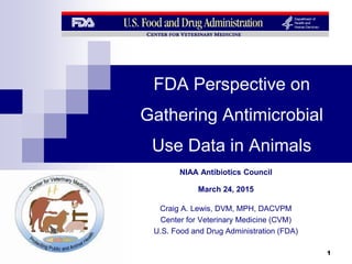 FDA Perspective on
Gathering Antimicrobial
Use Data in Animals
NIAA Antibiotics Council
March 24, 2015
Craig A. Lewis, DVM, MPH, DACVPM
Center for Veterinary Medicine (CVM)
U.S. Food and Drug Administration (FDA)
1
 