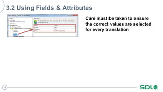 18
3.2 Using Fields & Attributes
Care must be taken to ensure
the correct values are selected
for every translation
 