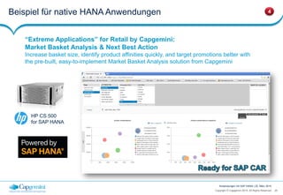 25Copyright © Capgemini 2015. All Rights Reserved
Anwendungen mit SAP HANA | 25. März 2015
Beispiel für native HANA Anwendungen 4
“Extreme Applications” for Retail by Capgemini:
Market Basket Analysis & Next Best Action
Increase basket size, identify product affinities quickly, and target promotions better with
the pre-built, easy-to-implement Market Basket Analysis solution from Capgemini
HP CS 500
for SAP HANA
 
