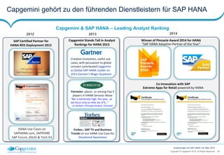 40Copyright © Capgemini 2015. All Rights Reserved
Anwendungen mit SAP HANA | 25. März 2015
Capgemini gehört zu den führenden Dienstleistern für SAP HANA
Forbes , SAP TV and Business
Trends on our HANA Use Case for
Situational Awareness
Forrester places us among Top 3
players in HANA Services Wave
"Bar is extremely high this year , as
we focus only on elite set of 9…"
- Liz Herbert, Principal Analyst, Forrester
Creative innovation, useful use-
cases, with persuasion to global
connect contributed Capgemini
as Global SAP HANA Leader on
2013 Gartner’s Magic Quadrant
SAP Certified Partner for
HANA RDS Deployment 2012
Capgemini Stands Tall in Analyst
Rankings for HANA 2013
HANA Use Cases on
SAPHANA.com, SAPPHIRE
SAP Forum, ASUG & Tech-Ed
Co-Innovation with SAP
Extreme Apps for Retail powered by HANA
Winner of Pinnacle Award 2014 for HANA
“SAP HANA Adoption Partner of the Year”
2012 2013 2014
Capgemini & SAP HANA – Leading Analyst Ranking
 