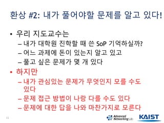 환상 #2: 내가 풀어야할 문제를 알고 있다!
• 우리 지도교수는
– 내가 대학원 진학할 때 쓴 SoP 기억하실까?
– 어느 과제에 돈이 있는지 알고 있고
– 풀고 싶은 문제가 몇 개 있다
• 하지만
– 내가 관심있는 문제가 무엇인지 모를 수도
있다
– 문제 접근 방법이 나랑 다를 수도 있다
– 문제에 대한 답을 나와 마찬가지로 모른다
11
 