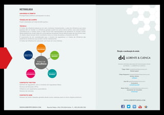 Rua do Fetal, n.º18, 2714-504 Sintra T.: +351 219 239 700WWW.LLORENTEYCUENCA.COM
METODOLOGIA
UNIVERSO E ÂMBITO
Protagonistas políticos portugueses no ativo.
TRABALHO DE CAMPO
Foram analisados um total de 618 sujeitos.
TÉCNICA
O Índice de Inﬂuência baseia-se em dois contextos fundamentais: o grau de inﬂuência que estas
pessoas têm no Twitter e a inﬂuência gerada a partir de outros ativos online, caso estes existam.
Considerou-se o Twitter como a rede social mais representativa da inﬂuência no mundo online.
Nesta plataforma, foram tidas em conta apenas as pessoas físicas identiﬁcadas de uma forma clara.
Os dados deste estudo foram recolhidos entre os meses de janeiro e fevereiro de 2015.
É importante ter em consideração que o número de seguidores e o Índice de Inﬂuência são
parâmetros dinâmicos que podem oscilar rapidamente.
O Índice de Inﬂuência foi calculado com base em cinco fatores:
CONTEXTO TWITTER
Número de seguidores, com a correção dos seguidores falsos.
Número de Retweets (RTS).
Inﬂuência com parâmetros automáticos.
Número de menções.
CONTEXTO WEB
Número de inlinks (ligações geradas desde outros websites para os ativos digitais próprios).
WWW.LLORENTEYCUENCA.COM
Estudo realizado pela área de Comunicação Online
da IMAGO - LLORENTE & CUENCA.
Tiago Vidal tvidal@llorenteycuenca.com
Diretor-geral
Filipe Nogueira fnogueira@llorenteycuenca.com
Diretor Sénior
@ﬁlipen
Ana Gil agil@llorenteycuenca.com
Consultora
@AnaFrancoGil
Nuno Cunha ncunha@llorenteycuenca.com
Assistente de Consultor
@nunocgc
Direção e coordenação do estudo:
ÍNDICE DE
INFLUÊNCIA
INDICADOR DE
SEGUIDORES
INDICADOR DE
MENÇÕES
INDICADOR DE
RETWEETS
INDICADOR DA
PRESENÇA NA WEB
INDICADOR DE
AUTOMÁTICO
 