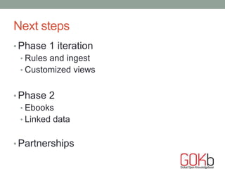 Next steps
• Phase 1 iteration
• Rules and ingest
• Customized views
• Phase 2
• Ebooks
• Linked data
• Partnerships
 