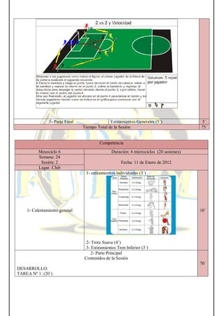 3- Parte Final Estiramientos Generales (5´) 5´
Tiempo Total de la Sesión 75´
Competencia
Mesociclo 6 Duración: 4 microciclos (20 sesiones)
Semana: 24
Sesión: 2 Fecha: 11 de Enero de 2012
Lugar. Club
1- Calentamiento general
1- estiramientos individuales (3´)
2- Trote Suave (4’)
3- Estiramientos Tren Inferior (3´)
10´
2- Parte Principal
Contenidos de la Sesión
DESARROLLO:
TAREA Nº 1: (20´)
70´
 