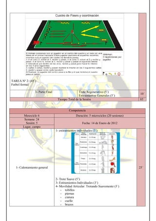 TAREA Nº 2: (45´)
Futbol formal
3- Parte Final Trote Regenerativo (5´)
Estiramientos Generales (5´)
10´
Tiempo Total de la Sesión 85´
Competencia
Mesociclo 6 Duración: 5 microciclos (20 sesiones)
Semana: 24
Sesión: 5 Fecha: 14 de Enero de 2012
Lugar, campo
1- Calentamiento general
1- estiramientos individuales (3´)
2- Trote Suave (5’)
3- Estiramientos Individuales (3´)
4- Movilidad Articular: Trotando Suavemente (5´)
- tobillos
- piernas
- cintura
- cuello
- brazos
25´
 