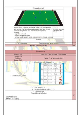 4 series
3- Parte Final Estiramientos Generales (5´) 5´
Tiempo Total de la Sesión 80´
Competencia
Mesociclo 8 Duración: 4 microciclos (20 sesiones)
Semana: 29
Sesión: 4 Fecha: 17 de Febrero de 2012
Lugar: Club
1- Calentamiento general
1- estiramientos individuales (3´)
2- Trote Suave (4’)
3- Estiramientos Tren Inferior (3´)
10´
2- Parte Principal
Contenidos de la Sesión
DESARROLLO:
TAREA Nº 1: (20´)
65´
 