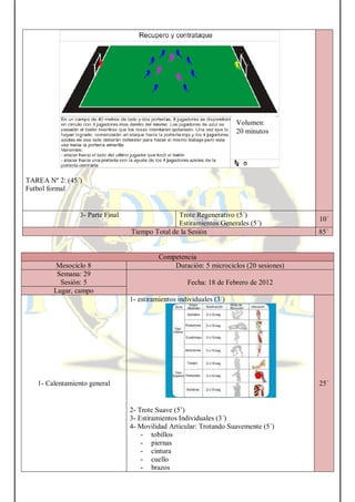 TAREA Nº 2: (45´)
Futbol formal
3- Parte Final Trote Regenerativo (5´)
Estiramientos Generales (5´)
10´
Tiempo Total de la Sesión 85´
Competencia
Mesociclo 8 Duración: 5 microciclos (20 sesiones)
Semana: 29
Sesión: 5 Fecha: 18 de Febrero de 2012
Lugar, campo
1- Calentamiento general
1- estiramientos individuales (3´)
2- Trote Suave (5’)
3- Estiramientos Individuales (3´)
4- Movilidad Articular: Trotando Suavemente (5´)
- tobillos
- piernas
- cintura
- cuello
- brazos
25´
Volumen:
20 minutos
 
