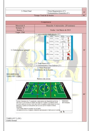 3- Parte Final Trote Regenerativo (5´)
Estiramientos Generales (5´)
10´
Tiempo Total de la Sesión 80´
Competencia
Mesociclo 8 Duración: 4 microciclos (20 sesiones)
Semana: 31
Sesión: 3 Fecha: 1 de Marzo de 2012
Lugar. Club
1- Calentamiento general
1- estiramientos individuales (3´)
2- Trote Suave (4’)
3- Estiramientos Tren Inferior (3´)
10´
2- Parte Principal
Contenidos de la Sesión
DESARROLLO:
TAREA Nº 1: (30´)
TAREA Nº 2: (30´)
Futbol formal
60´
 