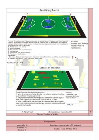 TAREA Nº 2: (20´)
3- Parte Final Estiramientos Generales (5´) 5´
Tiempo Total de la Sesión 75´
Competencia
Mesociclo 10 Duración: 4 microciclos (20 sesiones)
Semana: 37
Sesión: 2
Fecha: 11 de Abril de 2012
 