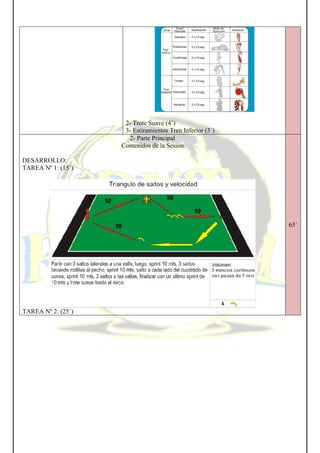 DESARROLLO:
TAREA Nº 1: (15´)
TAREA Nº 2: (25´)
2- Trote Suave (4’)
3- Estiramientos Tren Inferior (3´)
2- Parte Principal
Contenidos de la Sesión
65´
 