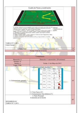TAREA Nº 2: (30´)
Futbol formal
3- Parte Final
Mesociclo 11
Semana: 41
Sesión: 4
Lugar: Club
1- Calentamiento general
DESARROLLO:
TAREA Nº 1: (20´)
Estiramientos Generales (5´)
Tiempo Total de la Sesión
Competencia
Duración: 4 microciclos (20 sesiones)
Fecha: 11 de Mayo de 2012
1- estiramientos individuales (3´)
2- Trote Suave (4’)
3- Estiramientos Tren Inferior (3´)
2- Parte Principal
Contenidos de la Sesión
Estiramientos Generales (5´) 5´
75´
Duración: 4 microciclos (20 sesiones)
11 de Mayo de 2012
10´
65´
 