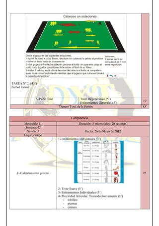 TAREA Nº 2: (45´)
Futbol formal
3- Parte Final
Mesociclo 11
Semana: 43
Sesión: 5
Lugar, campo
1- Calentamiento general
Trote Regenerativo (5´)
Estiramientos Generales (5´)
Tiempo Total de la Sesión
Competencia
Duración: 5 microciclos (20 sesiones)
Fecha: 26 de Mayo de 2012
1- estiramientos individuales (3´)
2- Trote Suave (5’)
3- Estiramientos Individuales (3´)
4- Movilidad Articular: Trotando Suavemente (5´)
- tobillos
- piernas
- cintura
Estiramientos Generales (5´)
10´
85´
Duración: 5 microciclos (20 sesiones)
Fecha: 26 de Mayo de 2012
Movilidad Articular: Trotando Suavemente (5´)
25´
 